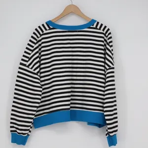 Merokeety Striped Sweatshirt XL Blue Trim Notched V-Neck Pullover Black White thumbnail 5