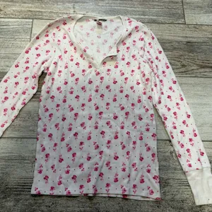 Victoria's Secret White and Pink Floral Long Sleeve Henley Long Pajama Top thumbnail 2