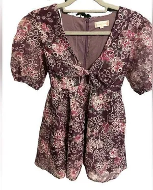 Altar’d State Maroon Floral Embroidered Puff Sleeve girly Keyhole front Dress thumbnail 1