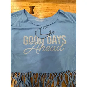 Custom Blue Fringe Cowboy Graphic Crop Top Boho Southwestern Festival Shirt L thumbnail 8