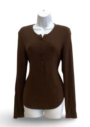 NY & Co Long Sleeve Henley Top Brown thumbnail 1