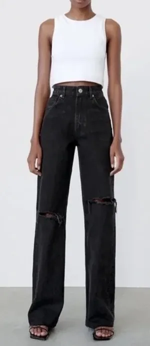 Zara Distressed High Rise Wide Leg Jean 0 Women’s Black 6688/227 thumbnail 1