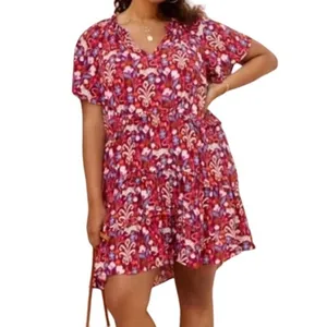 Anthropologie Pink Red Blue Ruffle Flutter Sleeve Dress size S Boho Tomato Girl thumbnail 2