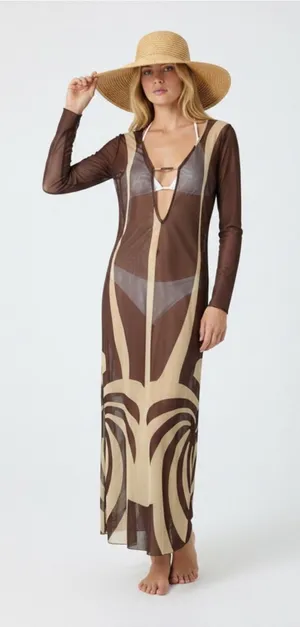 NWT Caroline Constas Mesh Beach Cover-Up Maxi Dress in Latte Wave thumbnail 1