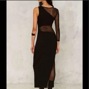 Nasty Gal‎ Black On Your Side Mesh Fitted Maxi One Sleeve Dress thumbnail 3