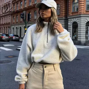 NWT Sherpa Pullover Womens M White Fleece 1/2 Zip Oversized Cozy Minimalist thumbnail 2