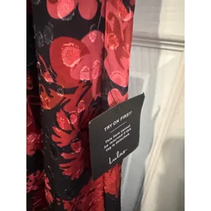 Lulus Truly Charming Floral Midi Dress Small Black Red Puff Sleeve Cutout NWT thumbnail 3