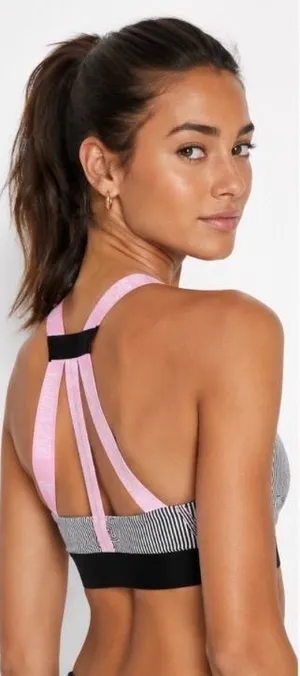 Victoria Sport Strappy Racerback Sports Bra Black White Striped Logo Pink Small thumbnail 1