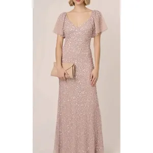 ADRIANNA PAPELL Pink Beaded Mesh Maxi Dress Size 6 Maxi thumbnail 3
