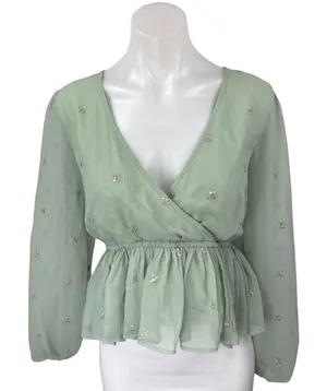 Lulus Green Long Sleeve Embellished Faux Wrap V Neck Peplum Blouse Top Size M thumbnail 1
