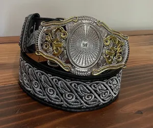 Black & Silver Wester Belt Embroidered Size 38 Unisex thumbnail 1