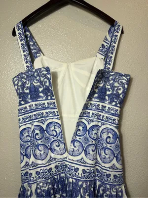 Antonio Melani Blue White Mediterranean Tile Print Midi Dress Square Neck Size 6 thumbnail 6