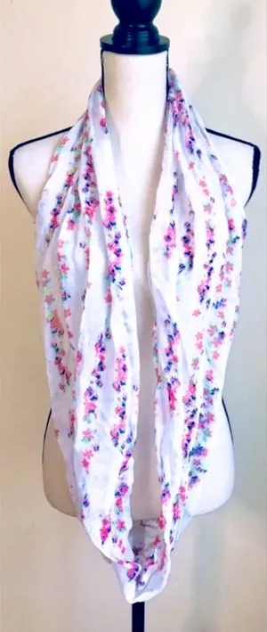 belle du jour White Floral Infinity Scarf w/ Petite Pink, Blue Flowers & Hues, Spring Like thumbnail 1