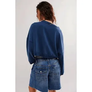 Free People Navy Blue Sweetness Sweatshirt Cropped Knit Slouchy Large thumbnail 9