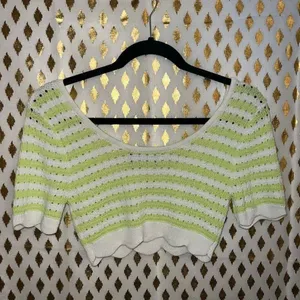 Cider green and white striped pointelle knit short-sleeve sweater with scalloped thumbnail 2