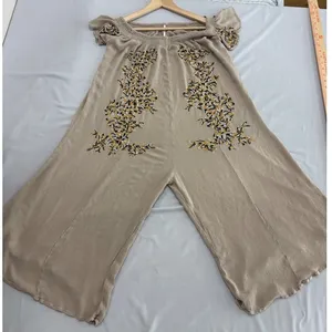 Free People Embroidered Wide Leg Jumpsuit Taupe Beige Boho Smocked Small thumbnail 10