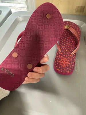 Tory Burch Logo Lattice Red Printed Flip Flops with Logo Medallion thumbnail 3