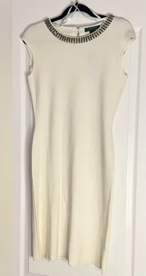 Lauren Ralph Lauren Ivory Midi Knit Dress with Embellished Neckline, Medium thumbnail 1