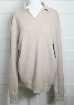 Reiss 100% Wool Cream V-Neck Collared Casual Sweater Size L thumbnail 1