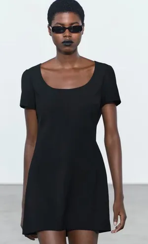 Zara Womens Black Short Sleeve Scoop‎ Neck Mini Dress XL Solid Back Zip thumbnail 1