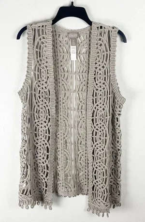 CHICO’S Tan Open Knit Cardigan Small Festival Concert Boho Western Cabin Neutral thumbnail 1