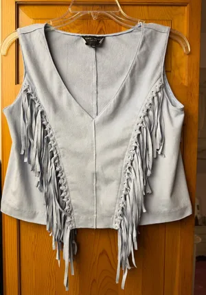 Fringed V-Neck Tank Top in Light Blue by Romeo & Juliet Couture thumbnail 1