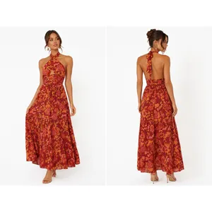 NWT Zesica Halter Floral Maxi Dress Red Boho Tiered Smocked Backless Size S thumbnail 2