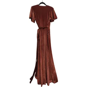 NWT Baltic Born Brown Velvet Wrap Maxi Dress V Neck Tie Waist Womens Size L thumbnail 6