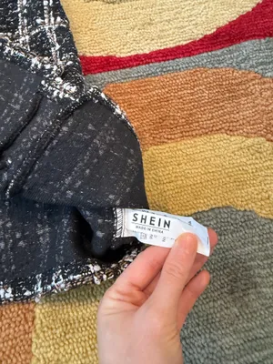 Shein Tweed Short Mini Skirt High Waisted Black White Tan Faux Pearls Size Small thumbnail 4