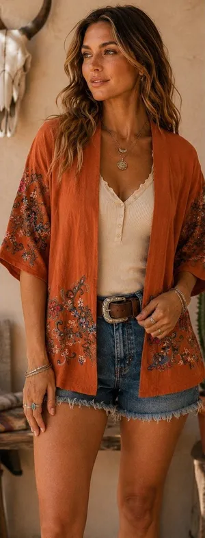 Boho Embroidered Kimono Cardigan Duster Rust Floral Open Front Festival One Size thumbnail 1