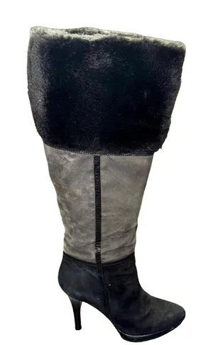 B Makowsky Knee High Platform Boots Women’s 7 Gray Black Leather Side Zip EUC thumbnail 1