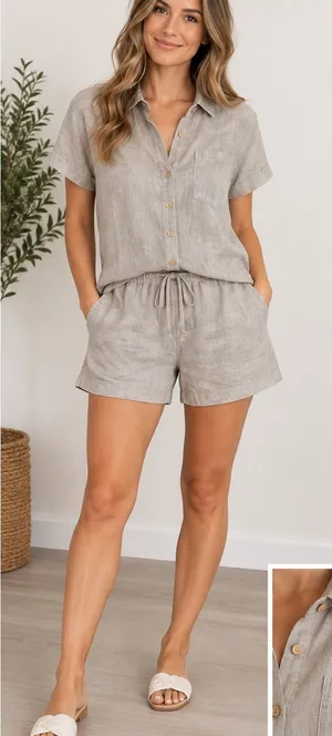 Women’s L Market Spruce Linen 2 Piece Matching set Beige Tan Button Down Collar thumbnail 1