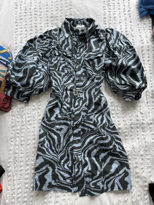 Ganni Blue and Black Zebra-Print Puff-Sleeve Mini Dress thumbnail 3