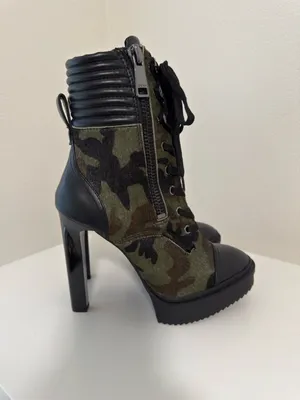 DKNY New Steffi Calf Hair Leather Combat Camo Lace-up Stiletto Bootie 6.5 thumbnail 5