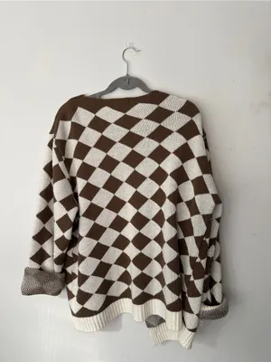 Women’s Brown & Cream Diamond Pattern Cardigan Jacket Size XL thumbnail 3