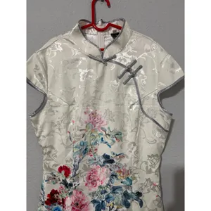 Jin He White Floral Satin Qipao Cheongsam Dress Size S Mandarin Collar Asian thumbnail 2