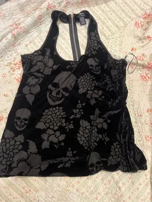 torrid Black Velvet Skull & Floral Racerback Zip Tank thumbnail 1