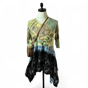 Zashi Womens Lagenlook XL Mixed Media Boho Tunic Top Plaid‎ Floral Handkerchief thumbnail 2