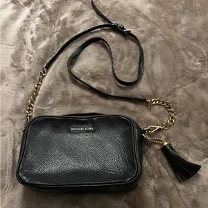 Michael Kors Black Leather Crossbody with Gold Chain and Tassel thumbnail 1