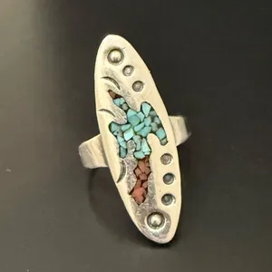 Vintage Sterling Silver Native American Turquoise Coral Chips Peyote Bird Ring 7 thumbnail 2