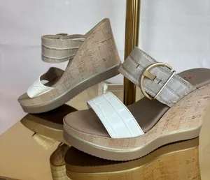 Two-Tone Beige and White Platform Slide Sandals with Buckle thumbnail 1