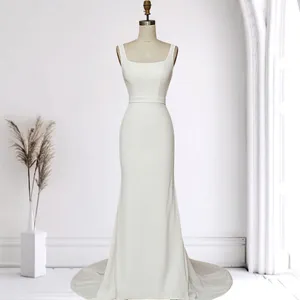 NWT Zapaka White Mermaid Square Neck Satin Long Wedding Dress with Sweep Train L thumbnail 3