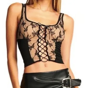 Black Butterfly Lace Up Crop Top Tan Lined Gothic Tank thumbnail 1