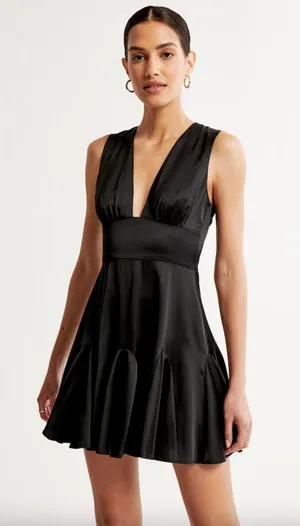 Abercrombie & Fitch Black Silk Satin Plunge Sleeveless Fit & Flare Mini Dress L thumbnail 1