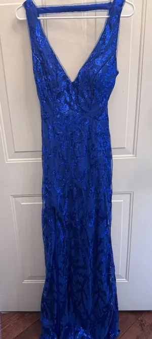Ryanth Royal Blue Sequin‎ Open Back Maxi Dress V-Neck Slit Size 6 NWT thumbnail 1