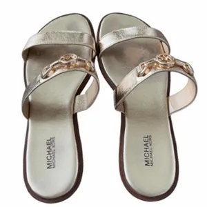 Michael Kors Gold Metallic MK Logo Double Strap Slide Sandals Size 8M thumbnail 3