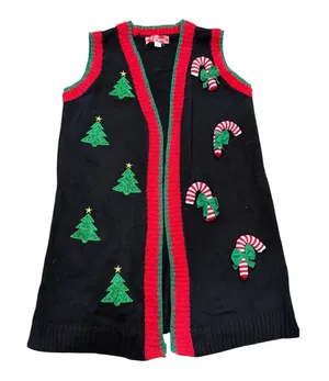 Christmas Embroidered Open Duster Cardigan Sweater Vest Size Medium Black thumbnail 1