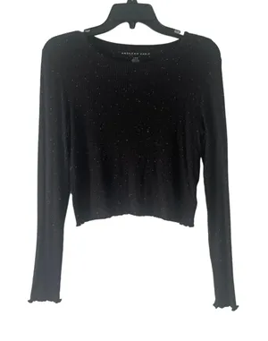 American Eagle Women's Size Large Black‎ Speckled Lettuce Edge Cropped Top thumbnail 1
