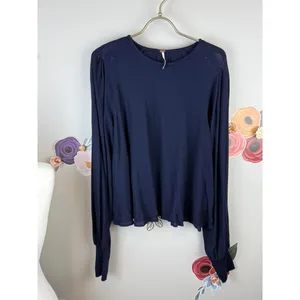 Free People Navy Textured Back Pleated Long Sleeve Blouse - Size - Large thumbnail 7