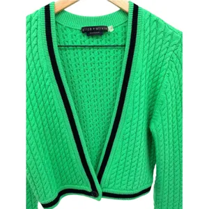 Alice + Olivia Jenae Cable Knit Cardigan S Preppy Twee Crop Green Wool Sweater thumbnail 4